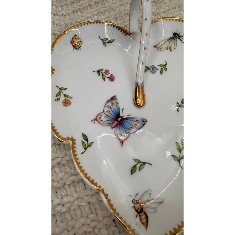 I Godinger & Co Leaf Dish Butterfly Porcelain Trinket‎ Dish Candy Tray Gold Trim